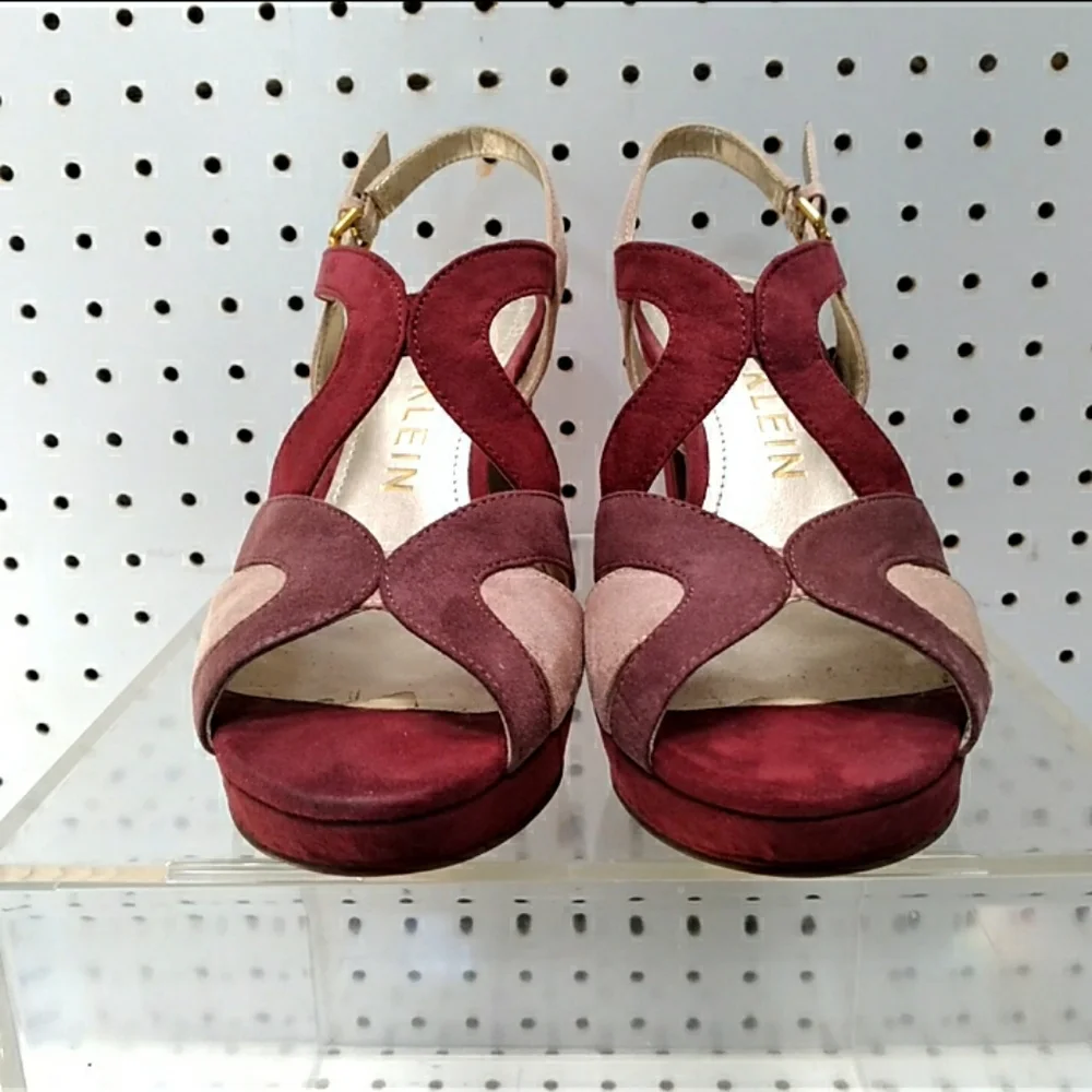 Anne Klein Women Burgundy Sandals Suede Straps Block Chunky Platform Heel Pump